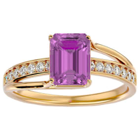 Pink Gemstones 2 Carat Emerald Shape Pink Topaz and Diamond Ring In 14 Karat Yellow Gold