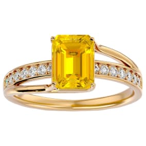 1 3/4 Carat Emerald Shape Citrine and Diamond Ring In 14 Karat Yellow Gold