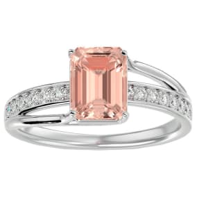 1-1/2 Carat Emerald Shape Morganite and Diamond Ring In 14 Karat White Gold