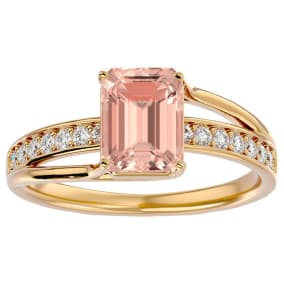 1-1/2 Carat Emerald Shape Morganite and Diamond Ring In 14 Karat Yellow Gold