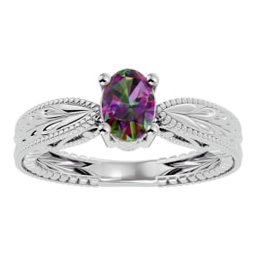 3/4 Carat Oval Shape Mystic Topaz Ring With Tapered Etched Band In 14 Karat White Gold