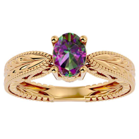 1 Carat Oval Shape Mystic Topaz Ring With Tapered Etched Band In 14 Karat Yellow Gold