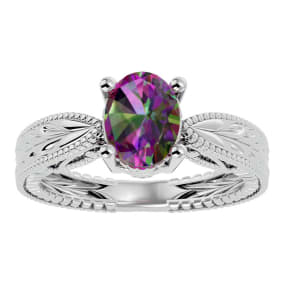 2 Carat Oval Shape Mystic Topaz Ring With Tapered Etched Band In 14 Karat White Gold