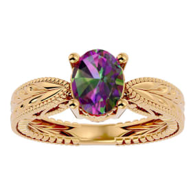 2 Carat Oval Shape Mystic Topaz Ring With Tapered Etched Band In 14 Karat Yellow Gold