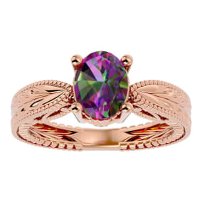 2 Carat Oval Shape Mystic Topaz Ring With Tapered Etched Band In 14 Karat Rose Gold