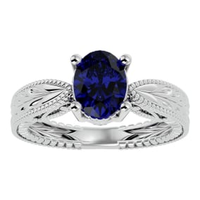 2 3/4 Carat Oval Shape Sapphire Ring With Tapered Etched Band In 14 Karat White Gold