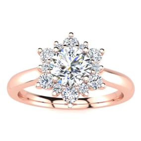 Estate Jewelry 2 3/4 Carat Round Shape Flower Halo Moissanite Engagement Ring In 14 Karat Rose Gold, Size 7.5