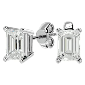 2 Carat Emerald Shape Moissanite Stud Earrings In 14 Karat White Gold