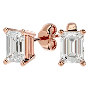 2 Carat Emerald Shape Moissanite Stud Earrings In 14 Karat Rose Gold