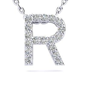 R Initial Necklace In Sterling Silver With Real Diamonds, With Free 18 Inch Chain