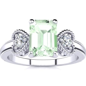 1 Carat Green Amethyst and Two Diamond Heart Ring In 1.4 Karat White Gold™