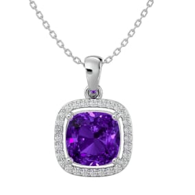 2 1/4 Carat Cushion Cut Amethyst and Halo Diamond Necklace In 14 Karat White Gold, 18 Inches