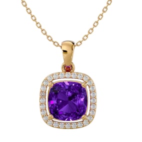 2 1/4 Carat Cushion Cut Amethyst and Halo Diamond Necklace In 14 Karat Yellow Gold, 18 Inches