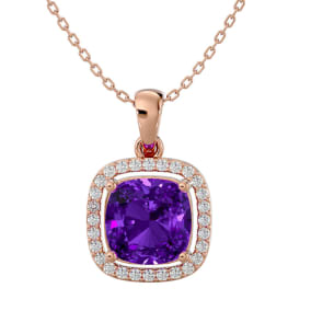 2 1/4 Carat Cushion Cut Amethyst and Halo Diamond Necklace In 14 Karat Rose Gold, 18 Inches