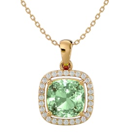 2 1/4 Carat Cushion Cut Green Amethyst and Halo Diamond Necklace In 14 Karat Yellow Gold, 18 Inches