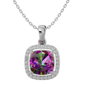 2-1/4 Carat Cushion Shape Mystic Topaz Necklace With Diamond Halo In 14 Karat White Gold, 18 Inches