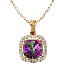 2-1/4 Carat Cushion Shape Mystic Topaz Necklace With Diamond Halo In 14 Karat Yellow Gold, 18 Inches