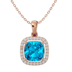 2 3/4 Carat Cushion Cut Blue Topaz and Halo Diamond Necklace In 14 Karat Rose Gold, 18 Inches