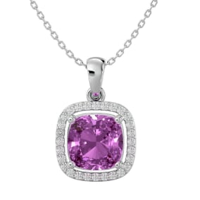 2 3/4 Carat Cushion Cut Pink Topaz and Halo Diamond Necklace In 14 Karat White Gold, 18 Inches