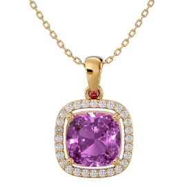 2 3/4 Carat Cushion Cut Pink Topaz and Halo Diamond Necklace In 14 Karat Yellow Gold, 18 Inches