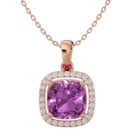 2 3/4 Carat Cushion Cut Pink Topaz and Halo Diamond Necklace In 14 Karat Rose Gold, 18 Inches
