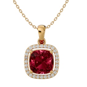 3 1/2 Carat Cushion Cut Garnet and Halo Diamond Necklace In 14 Karat Yellow Gold, 18 Inches