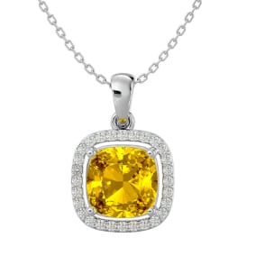 2 1/4 Carat Cushion Cut Citrine and Halo Diamond Necklace In 14 Karat White Gold, 18 Inches