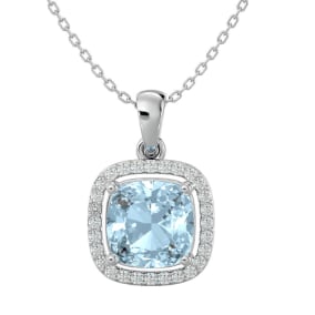 Aquamarine Necklace: Aquamarine Jewelry: 2 1/4 Carat Cushion Cut Aquamarine and Halo Diamond Necklace In 14 Karat White Gold, 18 Inches