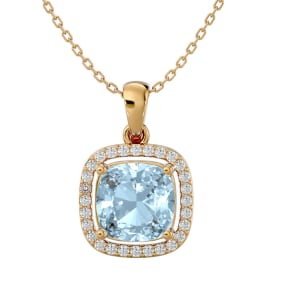 Aquamarine Necklace: Aquamarine Jewelry: 2 1/4 Carat Cushion Cut Aquamarine and Halo Diamond Necklace In 14 Karat Yellow Gold, 18 Inches