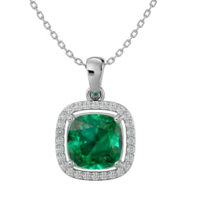 2-1/4 Carat Cushion Shape Emerald Necklaces With Diamond Halo In 14 Karat White Gold, 18 Inch Chain