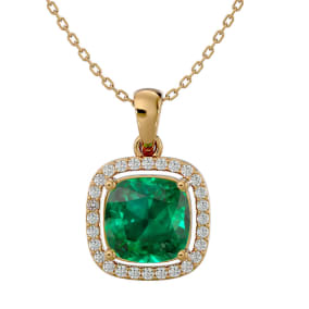 2 1/4 Carat Cushion Cut Emerald and Halo Diamond Necklace In 14 Karat Yellow Gold, 18 Inches