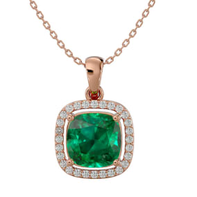 2-1/4 Carat Cushion Shape Emerald Necklaces With Diamond Halo In 14 Karat Rose Gold, 18 Inch Chain