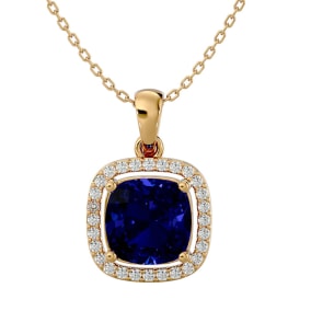 3 1/4 Carat Cushion Cut Sapphire and Halo Diamond Necklace In 14 Karat Yellow Gold, 18 Inches