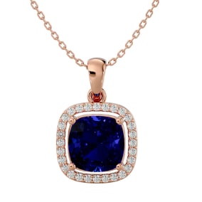 3 1/4 Carat Cushion Cut Sapphire and Halo Diamond Necklace In 14 Karat Rose Gold, 18 Inches