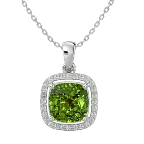 2 3/4 Carat Cushion Cut Peridot and Halo Diamond Necklace In 14 Karat White Gold, 18 Inches