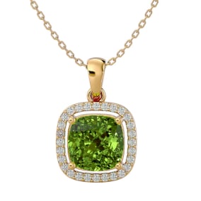 2 3/4 Carat Cushion Cut Peridot and Halo Diamond Necklace In 14 Karat Yellow Gold, 18 Inches