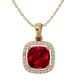 3 1/4 Carat Cushion Cut Ruby and Halo Diamond Necklace In 14 Karat Yellow Gold, 18 Inches