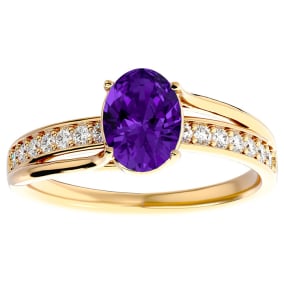 1 1/4 Carat Oval Shape Amethyst and Diamond Ring In 14 Karat Yellow Gold