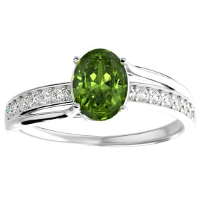 1 1/2 Carat Oval Shape Peridot and Diamond Ring In 14 Karat White Gold
