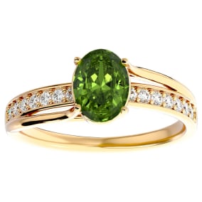 1 1/2 Carat Oval Shape Peridot and Diamond Ring In 14 Karat Yellow Gold