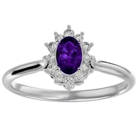 2/3 Carat Oval Shape Amethyst and Halo Diamond Ring In 14 Karat White Gold