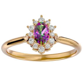 2/3 Carat Oval Shape Mystic Topaz Ring and Diamond Halo In 14 Karat Yellow Gold