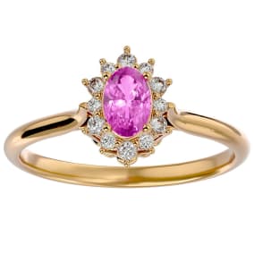 2/3 Carat Oval Shape Pink Topaz and Halo Diamond Ring In 14 Karat Yellow Gold