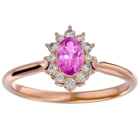 2/3 Carat Oval Shape Pink Topaz and Halo Diamond Ring In 14 Karat Rose Gold