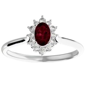 Garnet Ring: Garnet Jewelry: 2/3 Carat Oval Shape Garnet and Halo Diamond Ring In 14 Karat White Gold