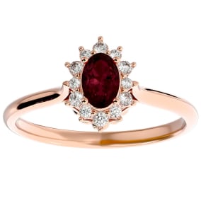Garnet Ring: Garnet Jewelry: 2/3 Carat Oval Shape Garnet and Halo Diamond Ring In 14 Karat Rose Gold