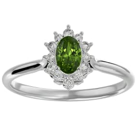 2/3 Carat Oval Shape Peridot and Halo Diamond Ring In 14 Karat White Gold