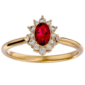 2/3 Carat Oval Shape Ruby and Halo Diamond Ring In 14 Karat Yellow Gold