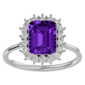 2 1/2 Carat Amethyst and Halo Diamond Ring In 14K White Gold