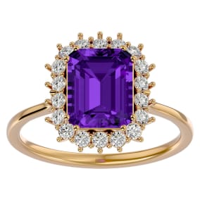 2 1/2 Carat Amethyst and Halo Diamond Ring In 14K Yellow Gold